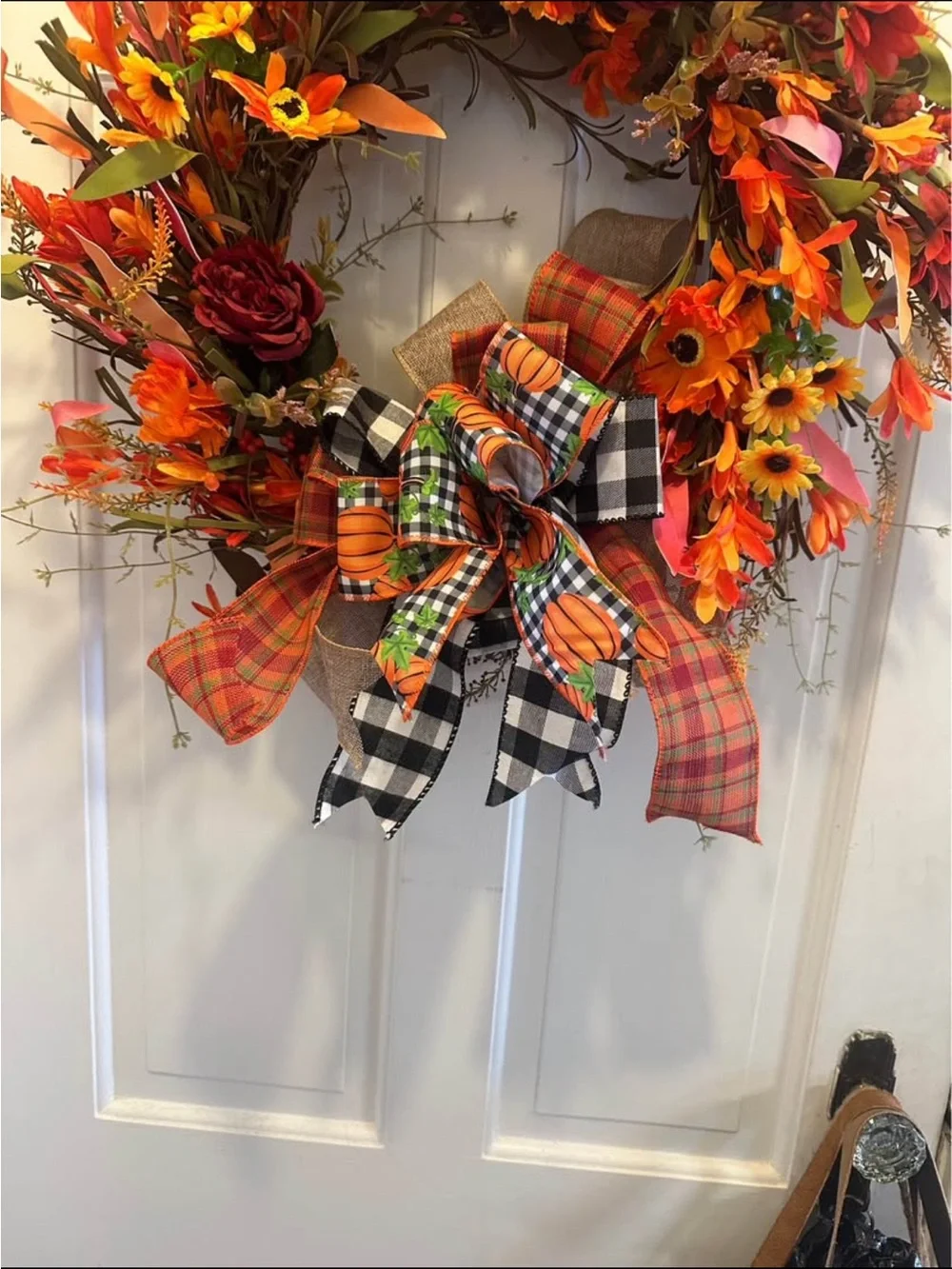 Fall Orange and Burgundy Holiday Wreath with Plaid Bow